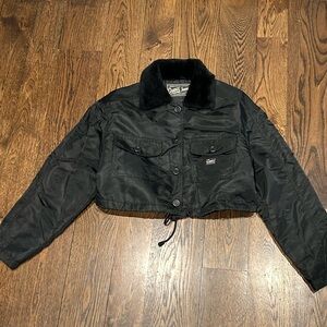 Guess Black Cropped Fur Collar Bomber Jacket